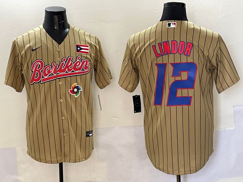 Men Puerto Rico 12 Lindor Brown Stripe Joint Name 2025 Nike MLB Jersey style 11